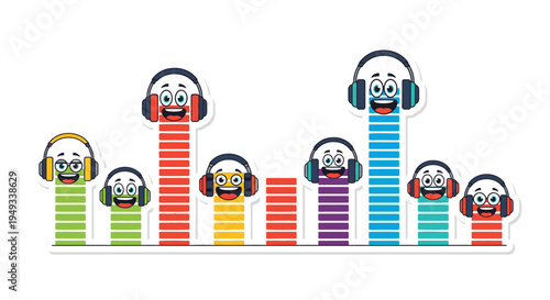 Cute cartoon characters with headphones on top of colorful sound equalizer bars, representing music and audio