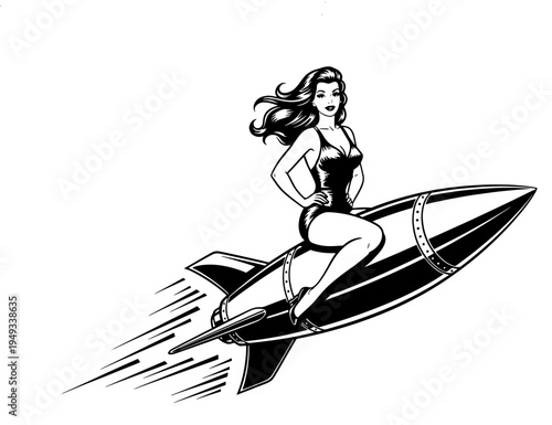 Vintage style pin up girl riding a high speed rocket powered boat through water