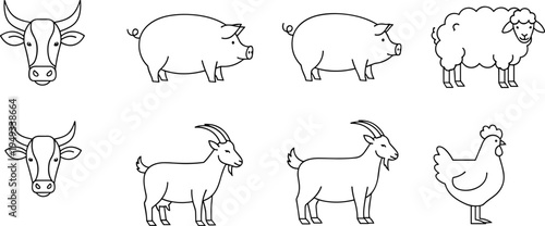 Minimalist line art vector illustration set of farm animals featuring cow head pig sheep goat and chicken hen icons isolated on white background for butcher shop or organic farm branding.
