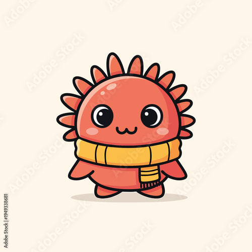 A cartoon creature with an orange body, spiky head, and big black eyes, sporting a yellow scarf. Its design is simplistic, with thick black outlines