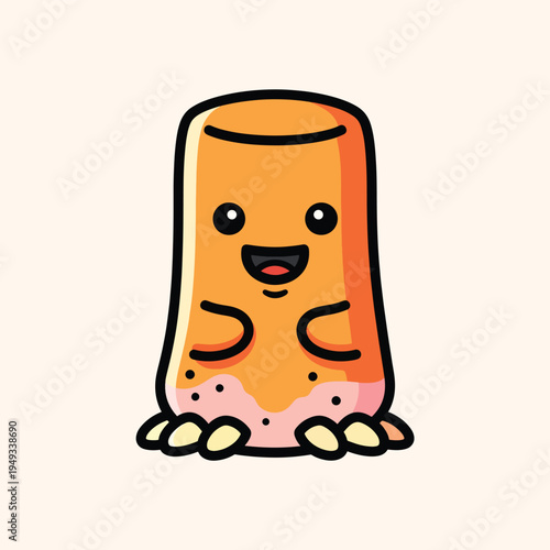 A cartoon creature with an orange body, black outlines, happy face and small arms. It's on a light background with a pinkish area at the base
