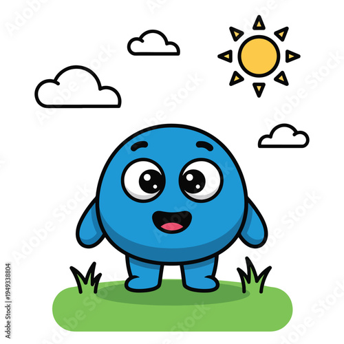 A cartoon creature with big eyes, happy smile, on grass with clouds and sun. A simple illustrated design with a bright aesthetic