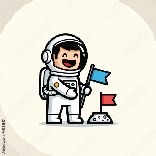 A cartoon astronaut, wearing a white spacesuit with a black outline, plants flags and grins happily. Light cream background with a rough, abstract brushstroke design