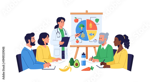 Nutritionist Explaining Healthy Eating Habits and Balanced Diet with Food Pyramid to Diverse Group