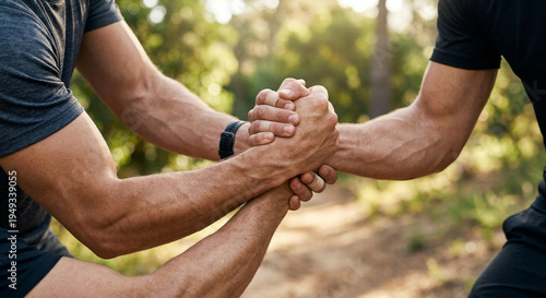 Fitness Team Men Helping Each Other with Hands Outdoor – Workout Partners Supporting in Nature Exercise Training Together