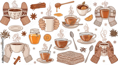 Vector illustration set of cozy winter tea and coffee cups held in knitted mittens with honey cinnamon star anise and orange slices isolated on white background
