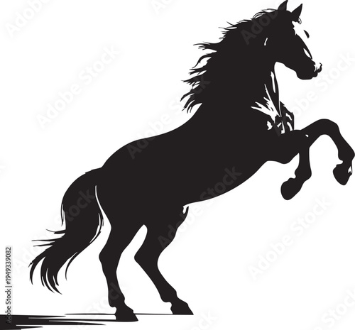 Majestic black horse rearing on hind legs mane flowing against light gray background symbolizing power and freedom