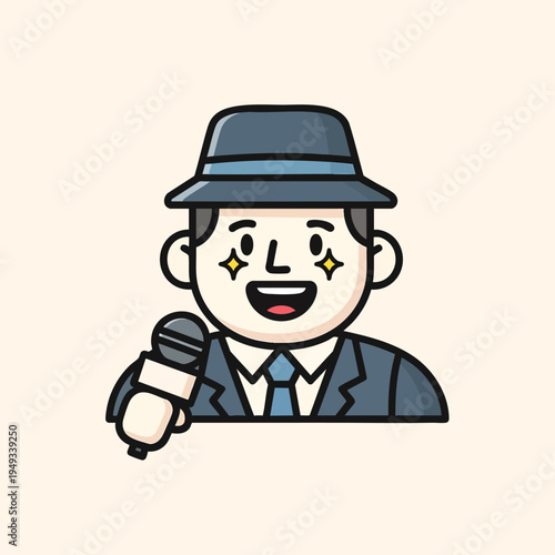 A cartoon character of a person in a suit, tie, fedora, holding a microphone. His eyes have twinkle and he's smiling widely
