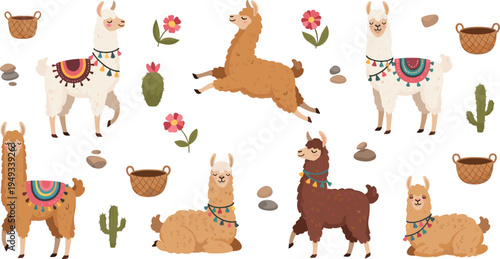 Vector illustration set of cute llamas and alpacas wearing colorful saddles and tassels with cactus flowers and baskets isolated on white background