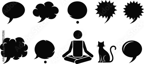 Black Silhouette Comic Speech Bubbles Set with Meditating Person and Cat, Thought Clouds, Starburst Icons for Yoga Chat, Vector Design Elements.