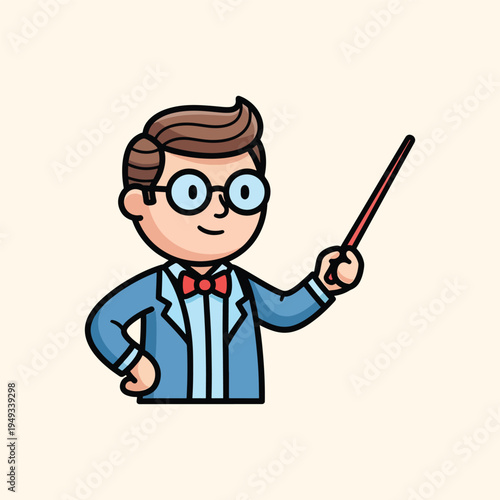 Fotografie A cartoon character of a teacher with glasses, bow tie, pointing stick and suit,