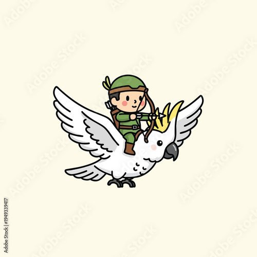 A cartoon character wearing a green outfit, aiming an arrow while riding a white bird with a yellow crest. It appears to be flying