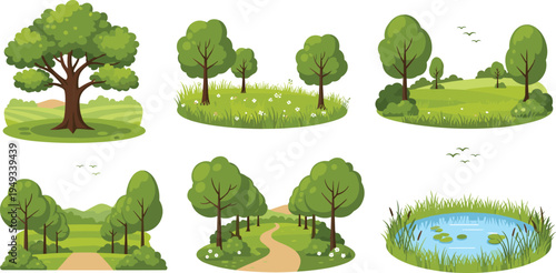 Vector illustration set of summer landscape scenes including green trees grassy fields forest paths and a small pond with lily pads isolated on white background