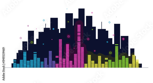 Dynamic cityscape silhouette with vibrant, colorful audio equalizer bars representing music, sound waves, urban nightlife, and a lively party atmosphere. Abstract modern design.