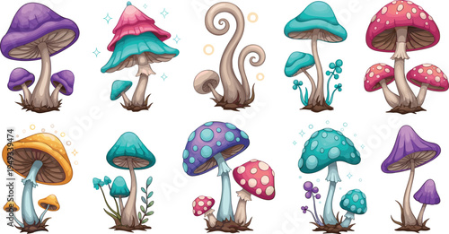 Colorful Fantasy Mushroom Vector Collection with Magical Toadstools, Fairy Tale Fungi, and Whimsical Forest Elements for Fantasy Nature Illustration Set