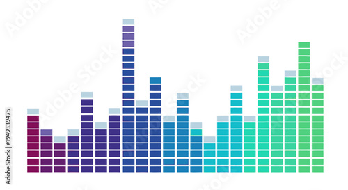 Vibrant gradient audio equalizer bars, representing sound waves, music visualization, digital technology, and data spectrum analysis.