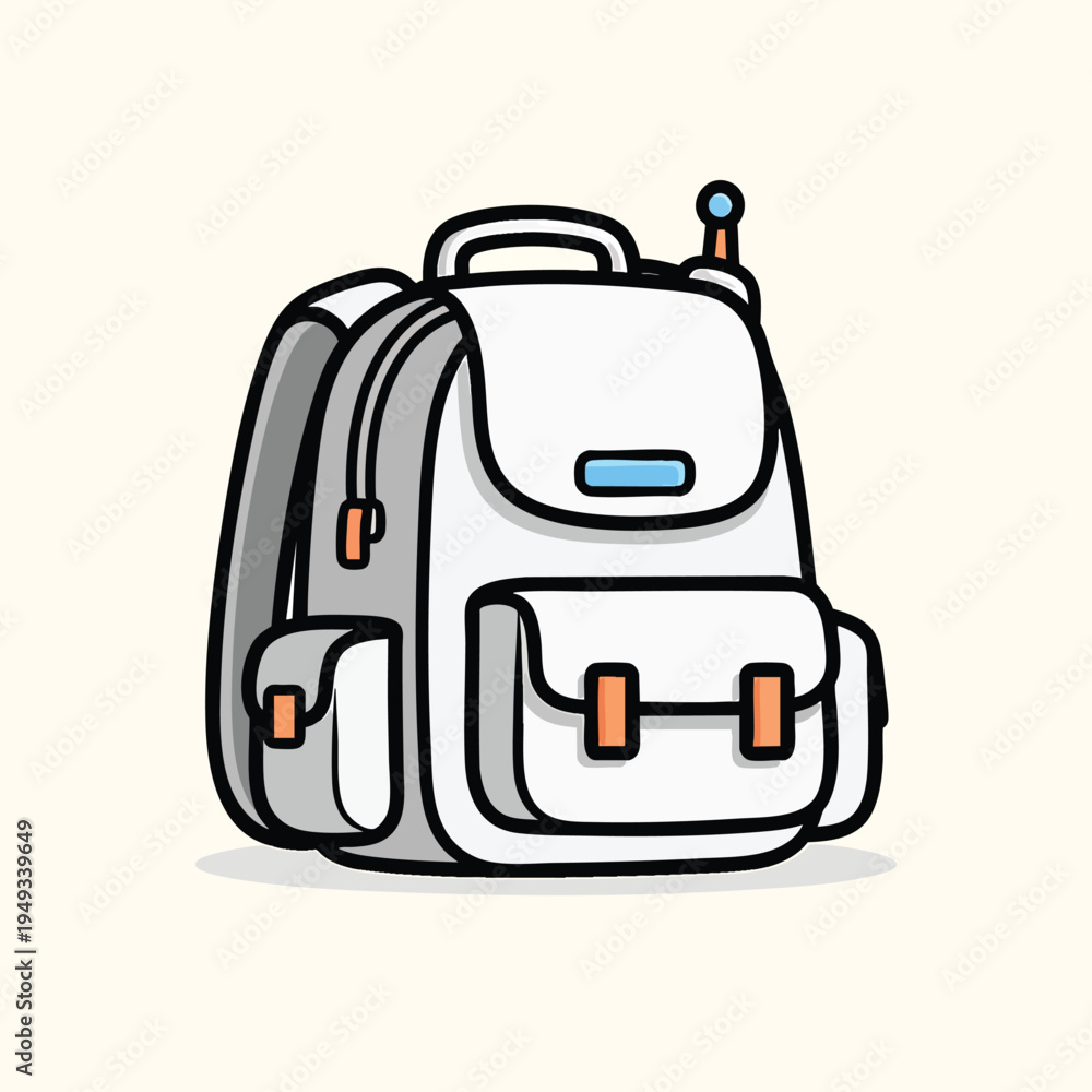 Obraz premium A cartoon backpack, white with black outlines, pockets, and orange accents, sitting on a pale yellow background. It has a small handle and a top detail
