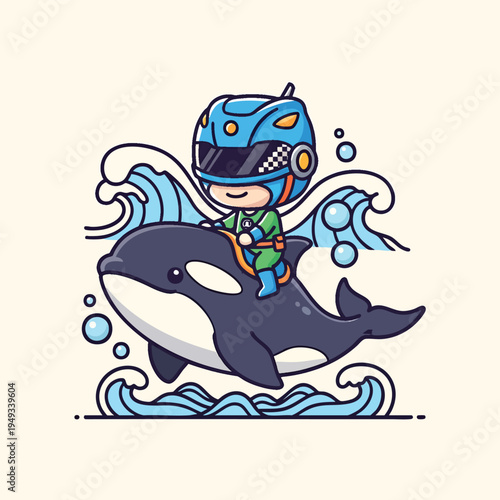 A cartoon character wearing a helmet and racing suit rides an orca. Waves and bubbles surround them, on a cream background