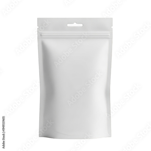 A plain white resealable pouch with a small hanging hole at the top.
