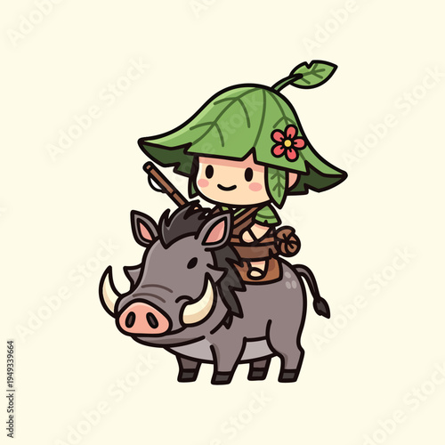 A cartoon character wearing a leaf hat rides a stylized wild boar, holding a bow and arrow. The artwork uses a simple, clean design with bold outlines