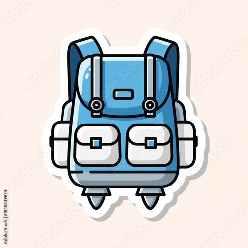 A cartoon backpack, colored light blue, white, and black, sits on a pinkish background. Features include adjustable straps, multiple pockets, and a buttoned flap