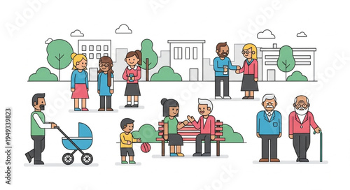 Diverse group of people interacting in a park setting.