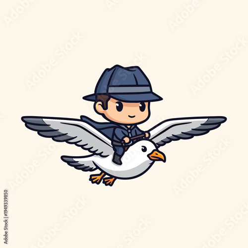 A cartoon character with a blue hat and cape rides a seagull through the air. The bird has outstretched wings. The character has an adorable expression