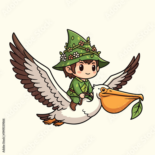 A cartoon character with a floral hat and green outfit rides a giant pelican holding a leaf, flying through a cream background. The pelican has white and brown wings