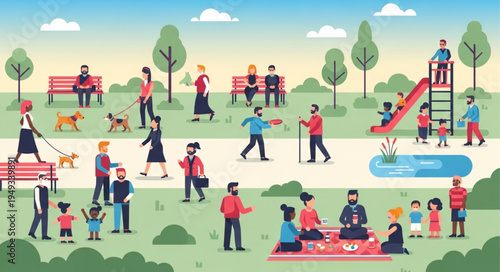 Diverse group of people enjoying a sunny day in a vibrant park.