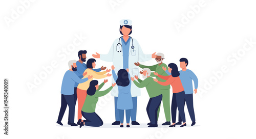 Caring Doctor Embraces Diverse Patients Seeking Support. Healthcare Hero, Community Trust, Medical Care & Gratitude Concept Illustration.