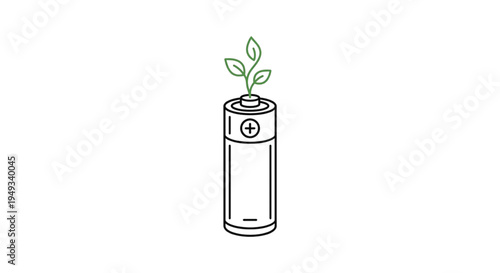 minimalist line art of a battery with a green sprout growing out of the top. Vector icon representing renewable power, sustainable technology, and eco-friendly energy solutions.