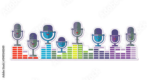 Cute cartoon microphones with vibrant audio equalizer bars, representing sound waves, podcasting, music, and digital communication in a flat vector design.