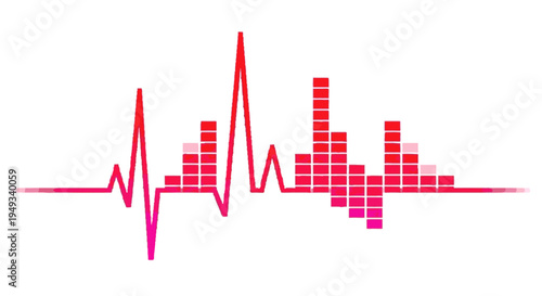 Dynamic red and pink gradient heartbeat line and sound wave equalizer, abstract digital graphic representing health, music, and audio technology.