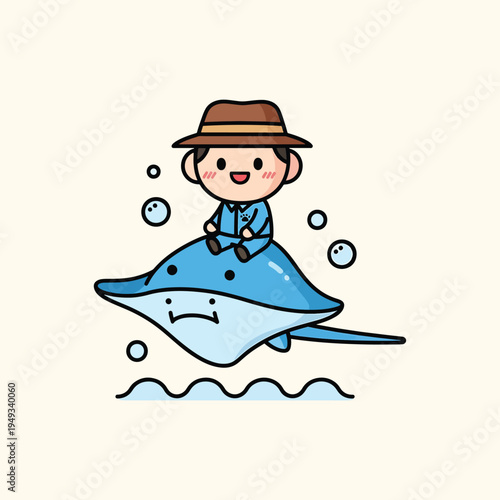 A cartoon character with a hat rides a blue stingray across the cartoon waves with bubbles in the background