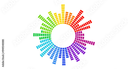 Colorful radial equalizer or sound wave graphic with rainbow spectrum on white background