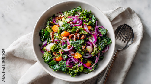 Wallpaper Mural Healthy Kale Salad with Red Onion, Cherry Tomatoes, and Pecans in White Bowl on Marble Torontodigital.ca