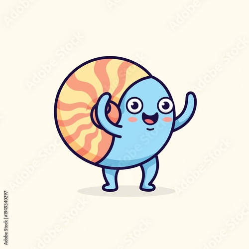 A cartoon character with a spiral shell, blue body, and legs, smiles and raises arms, set on a simple cream background