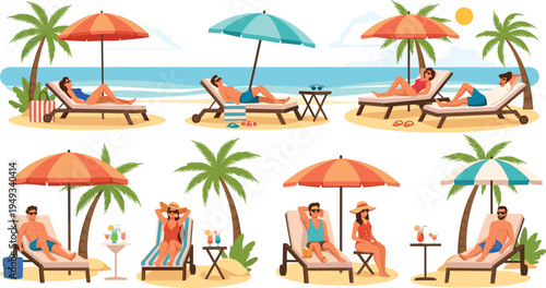 Summer Beach Relaxation Scene Vector Collection Featuring People Sunbathing on Lounge Chairs Under Umbrellas with Palm Trees Ocean Vacation Lifestyle Illustrations