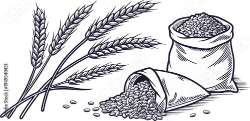 A detailed illustration in a vintage engraving style showcasing various elements associated with agriculture. Several wheat stalks and bundles of wheat are depicted alongside bags and scoops of grains