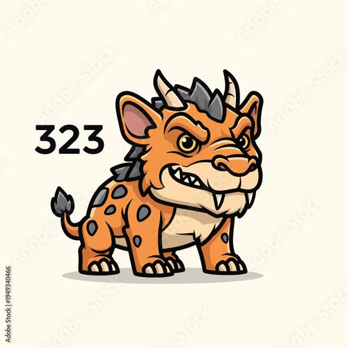 A cartoon character with an orange and beige color scheme and menacing look. It has horns, spots, fangs, and a fluffy mane. "323" appears in the upper-left