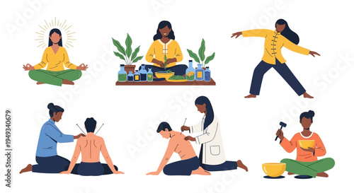 Holistic Wellness & Traditional Medicine Practices: Meditation, Acupuncture, Herbal Remedies, Tai Chi & Sound Healing Illustrations
