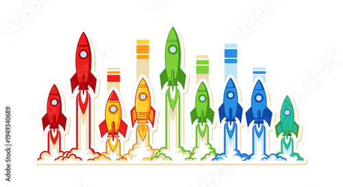 Vibrant pixel art rockets launching with colorful trails, symbolizing business startup success, project development, innovation, and rapid growth.