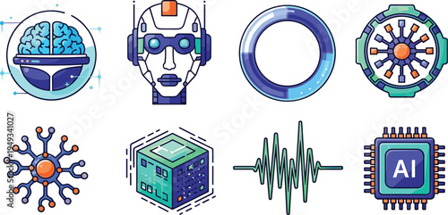 Artificial Intelligence Technology Icon Set with AI Chip, Robot Head, Neural Network, Data Cube, Digital Brain and Signal Wave Symbols