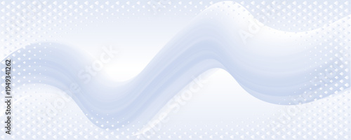Abstract light blue wavy fluid flow. Medical technology white background with geometric diamond halftone pattern in corners.