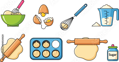 Baking and Pastry Making Icon Set with Mixing Bowl, Egg, Whisk, Measuring Cup, Rolling Pin, Muffin Tray and Sugar Jar