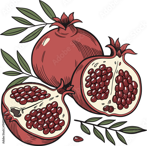 A detailed illustration of pomegranates, set against a plain white background. The image showcases three whole pomegranates and two halved, cut open pomegranates, revealing the juicy, red seeds. The w