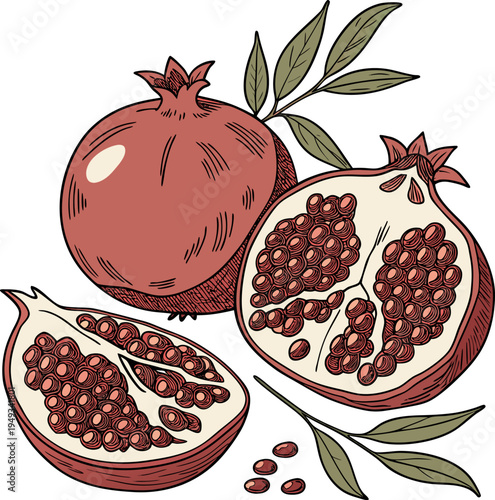 A detailed illustration of pomegranates, set against a plain white background. The image showcases three whole pomegranates and two halved, cut open pomegranates, revealing the juicy, red seeds. The w