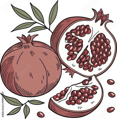 A detailed illustration of pomegranates, set against a plain white background. The image showcases three whole pomegranates and two halved, cut open pomegranates, revealing the juicy, red seeds. The w