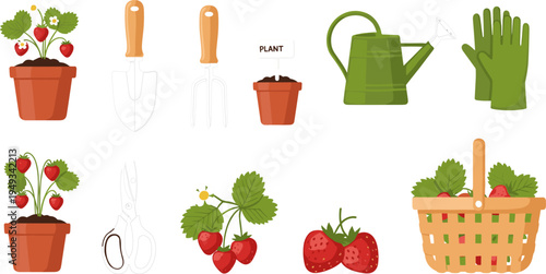Strawberry Planting and Harvesting Set with Pots, Trowels, Watering Can, Pruning Shears, and Harvest Basket for Gardening