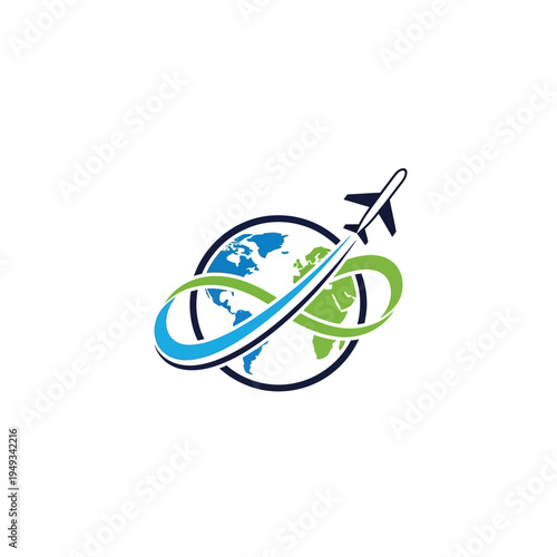 Airplane circumnavigating globe travel logo design concept